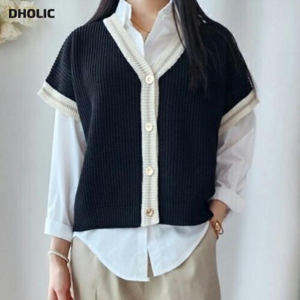 配色ボタンニットベスト・p003070 レディース 【tops】 韓国ファッション トップス ニット ベスト カーディガン キャップスリーブ フレンチスリーブ Vネック オーバーサイズ 大きいサイズ ルーズ カジュアル 春 秋 MKT