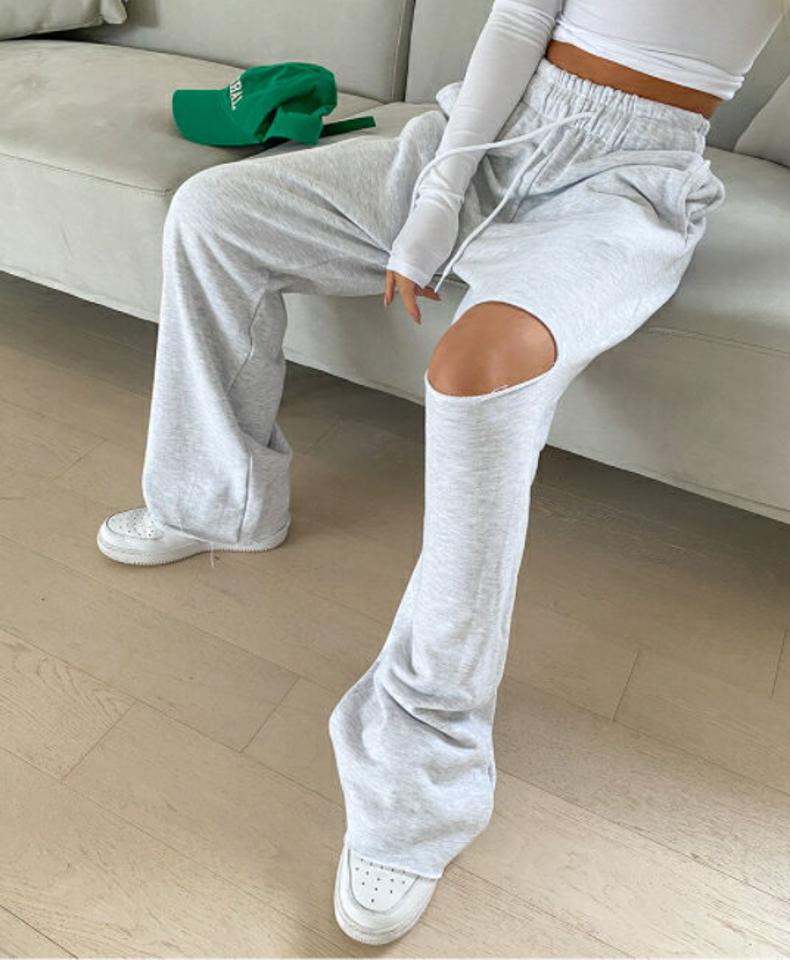 【マラソン特価】ニースリットスウェットパンツ・p003064 レディース 【pt】 韓国ファッション ボトムス パンツ スウェットパンツ ロング丈 フルレングス ハイウエスト 切りっぱなし ニースリット ワイド コットン 無地 ストリート デイリー 春 夏 カジュアル MKT セール