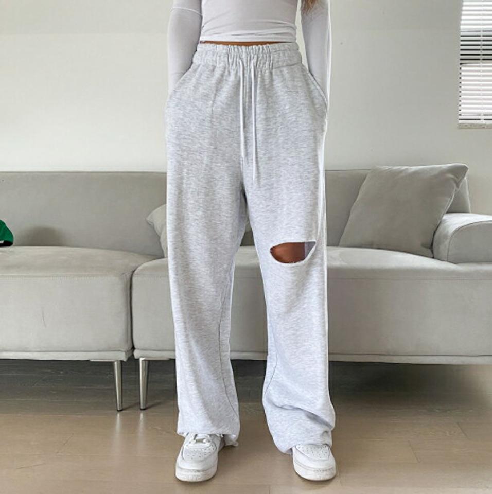 【マラソン特価】ニースリットスウェットパンツ・p003064 レディース 【pt】 韓国ファッション ボトムス パンツ スウェットパンツ ロング丈 フルレングス ハイウエスト 切りっぱなし ニースリット ワイド コットン 無地 ストリート デイリー 春 夏 カジュアル MKT セール