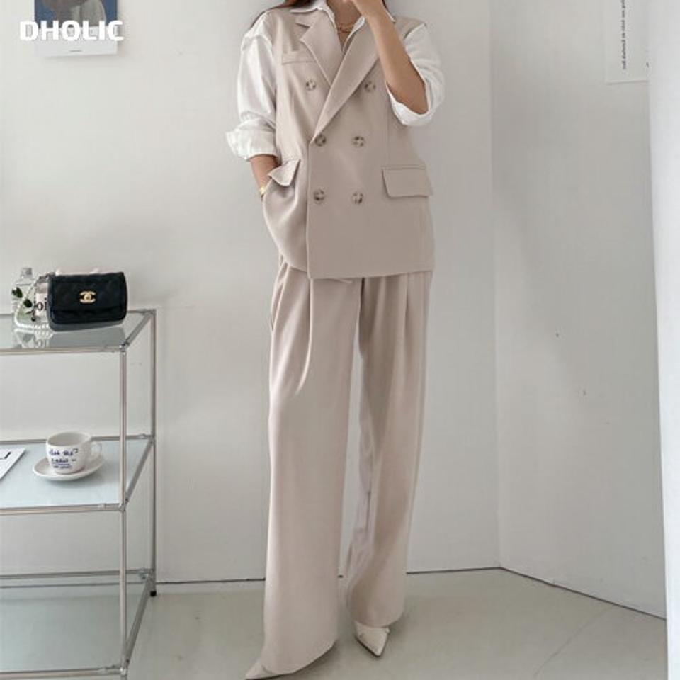 【送料無料】ダブルボタンベスト&ツータックスラックスSET・p002751 レディース 【pt】セットアップ セット setup ベスト ノースリーブ スリーブレス ジレ 単色 無地 シンプル ベーシック パンツ ロング丈 ワイド 春 秋 オフィスカジュアル 韓国ファッション MKT