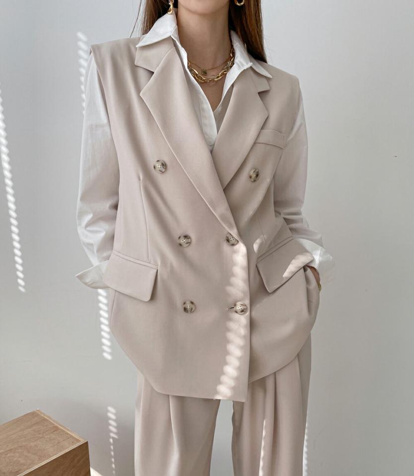 【送料無料】ダブルボタンベスト&ツータックスラックスSET・p002751 レディース 【pt】セットアップ セット setup ベスト ノースリーブ スリーブレス ジレ 単色 無地 シンプル ベーシック パンツ ロング丈 ワイド 春 秋 オフィスカジュアル 韓国ファッション MKT