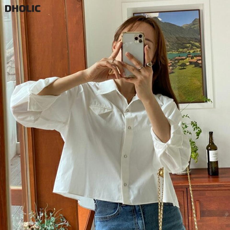 フラップコットンクロップドシャツ・p002787 レディース 【bl】シャツ トップス 長袖 単色 無地 シンプル ベーシック クロップド丈 フラップ 襟 コットン 綿 秋 冬 カジュアル ラフ 韓国ファッション MKT