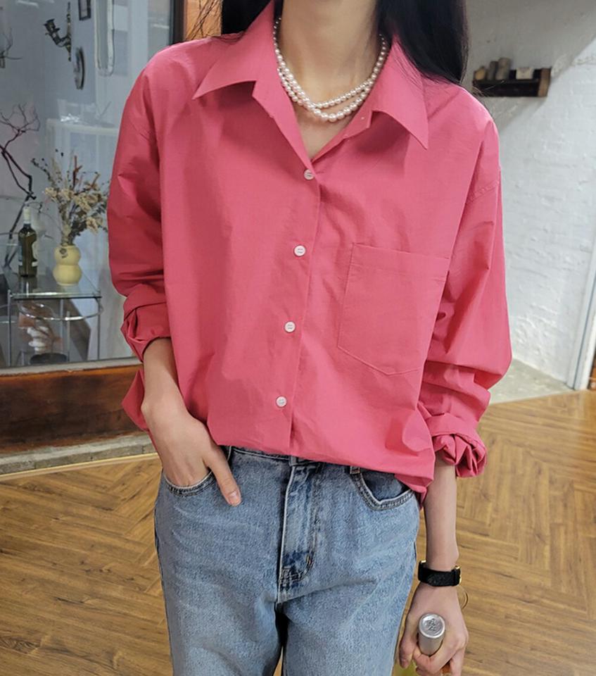 バックボタンコットンシャツ・p002618 レディース 【bl】シャツ トップス 長袖 単色 無地 シンプル ベーシック コットン 綿 バックシャン ボタン ぼたん 秋 冬 カジュアル ラフ ドロップショルダー ルーズ 韓国ファッション MKT