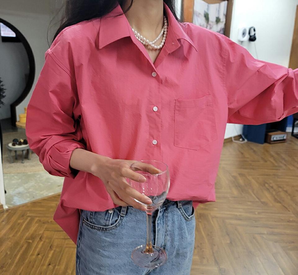 バックボタンコットンシャツ・p002618 レディース 【bl】シャツ トップス 長袖 単色 無地 シンプル ベーシック コットン 綿 バックシャン ボタン ぼたん 秋 冬 カジュアル ラフ ドロップショルダー ルーズ 韓国ファッション MKT