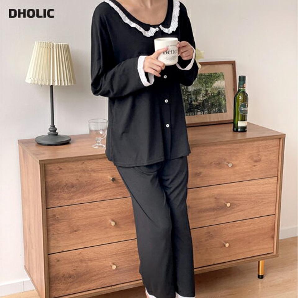 【マラソン特価】レースカラーブラックパジャマSET・p002606 レディース 【uw】パジャマ 部屋着 ルームウェア セット トップス 長袖 柄 模様 配色 レース 襟コン モノトーン 鎖骨 デコルテ パンツ ロング丈 秋 冬 カジュアル キュート 韓国ファッション MKT セール