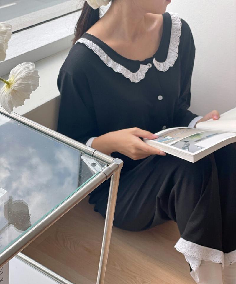 【マラソン特価】レースカラーブラックパジャマSET・p002606 レディース 【uw】パジャマ 部屋着 ルームウェア セット トップス 長袖 柄 模様 配色 レース 襟コン モノトーン 鎖骨 デコルテ パンツ ロング丈 秋 冬 カジュアル キュート 韓国ファッション MKT セール