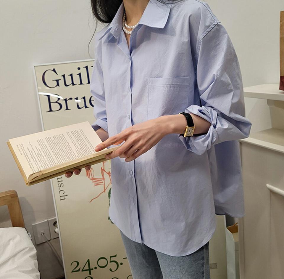 ポケットコットンシャツ・p002688 レディース 【bl】シャツ トップス 長袖 単色 無地 シンプル ベーシック ポケット コットン 綿 パステル 襟 秋 冬 カジュアル ラフ ドロップショルダー ルーズ 韓国ファッション MKT