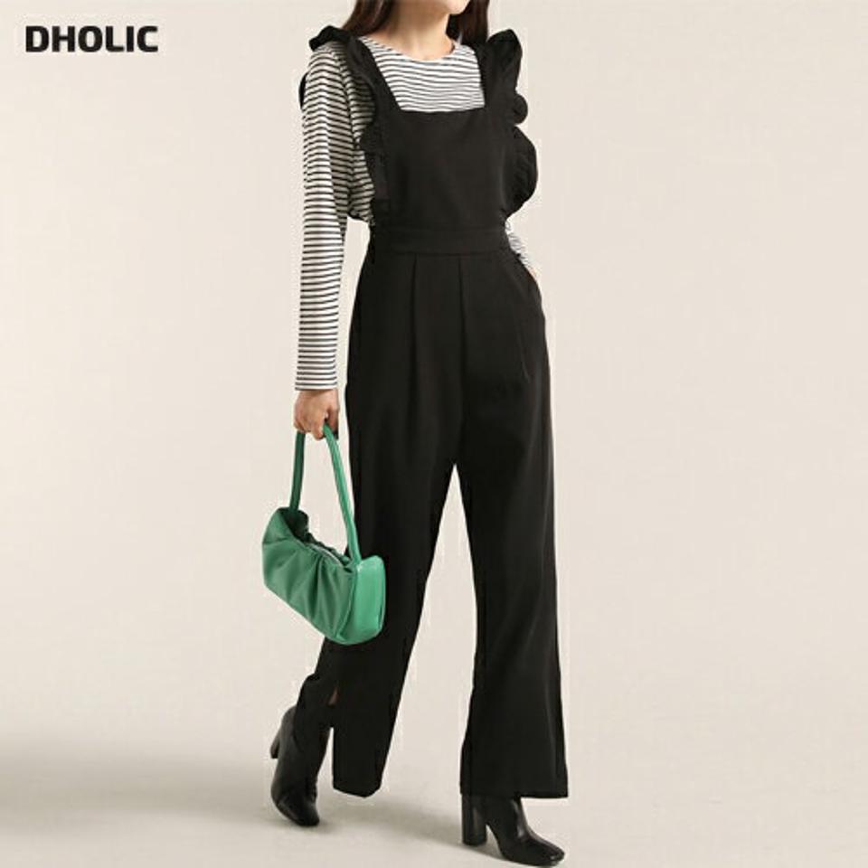 フリルリボンノースリオールインワン・t00287 レディース 【pt】オールインワン パンツ ロング ロング丈 スクエアネック ノースリーブ フリル ワイド ストレート シンプル カジュアル フェミニン 可愛い かわいい 秋 冬 春 韓国ファッション