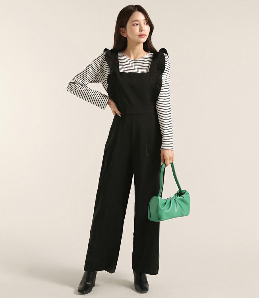 フリルリボンノースリオールインワン・t00287 レディース 【pt】オールインワン パンツ ロング ロング丈 スクエアネック ノースリーブ フリル ワイド ストレート シンプル カジュアル フェミニン 可愛い かわいい 秋 冬 春 韓国ファッション