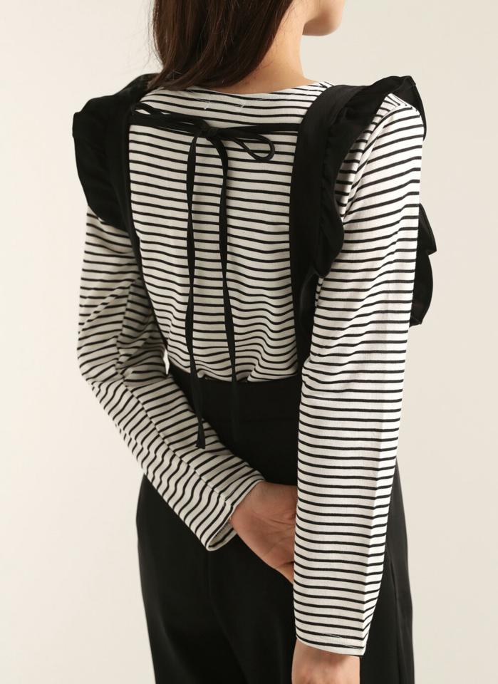 フリルリボンノースリオールインワン・t00287 レディース 【pt】オールインワン パンツ ロング ロング丈 スクエアネック ノースリーブ フリル ワイド ストレート シンプル カジュアル フェミニン 可愛い かわいい 秋 冬 春 韓国ファッション