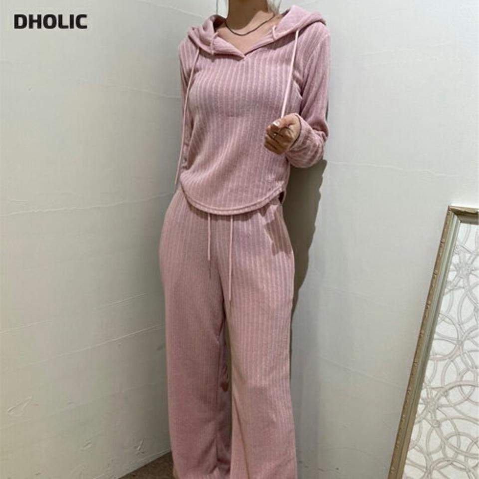 リブパーカー&ワイドパンツSET・p002776 レディース 【pt】セットアップ セット setup パーカー 柄 模様 長袖 フード フーディ トップス パンツ ワイド ロング丈 ストライプ 秋 冬 ピンク かわいい カジュアル ラフ 韓国ファッション MKT