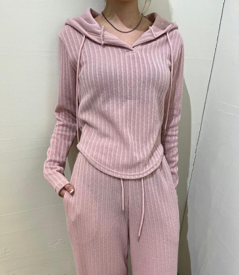 リブパーカー&ワイドパンツSET・p002776 レディース 【pt】セットアップ セット setup パーカー 柄 模様 長袖 フード フーディ トップス パンツ ワイド ロング丈 ストライプ 秋 冬 ピンク かわいい カジュアル ラフ 韓国ファッション MKT