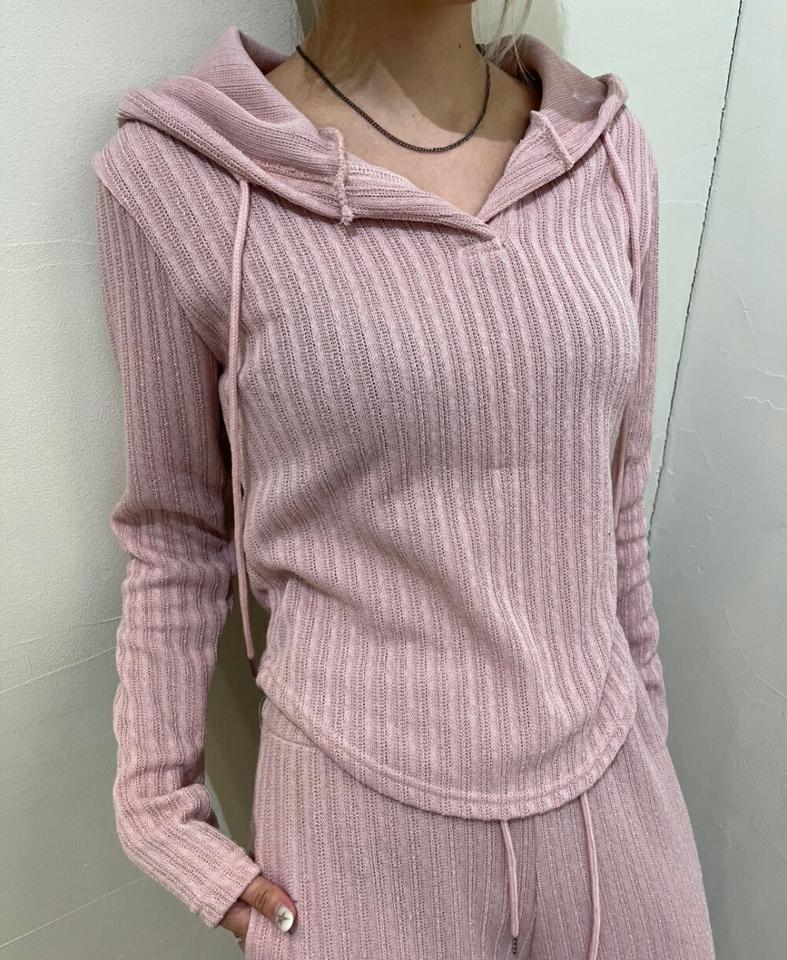 リブパーカー&ワイドパンツSET・p002776 レディース 【pt】セットアップ セット setup パーカー 柄 模様 長袖 フード フーディ トップス パンツ ワイド ロング丈 ストライプ 秋 冬 ピンク かわいい カジュアル ラフ 韓国ファッション MKT