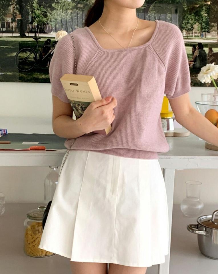 スクエアラグラン半袖ニット・p002743 レディース 【tops】トップス ニット 半袖 単色 無地 シンプル ベーシック ラグラン スクエアネック 鎖骨 デコルテ パステル 春 夏 かわいい 可愛い キュート 韓国ファッション MKT