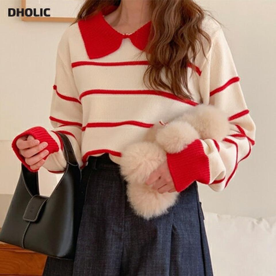配色カラーボーダーニット・p002624 レディース 【tops】トップス ニット 長袖 柄 模様 ボーダー 配色 セーター 襟コン かわいい 可愛い 秋 冬 カジュアル キュート ラブリー 韓国ファッション MKT