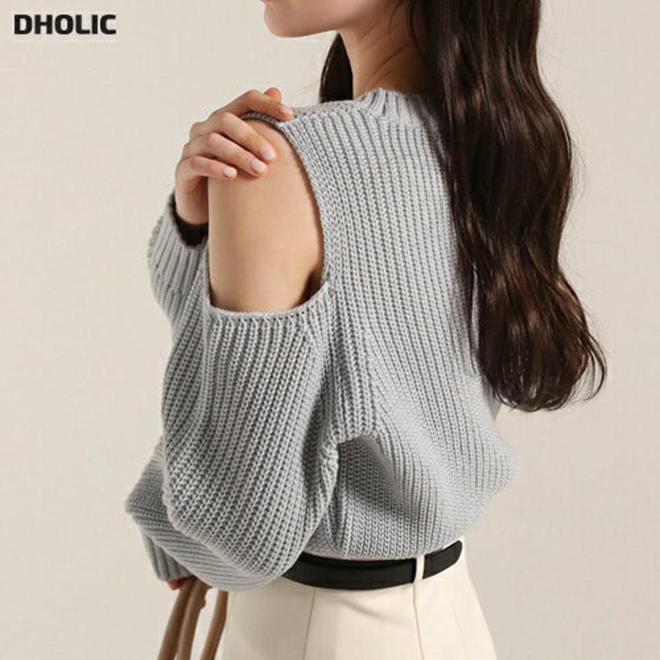 オープンショルダークロップドニット・t00197 レディース 【tops】トップス ニット ラウンドネック 長袖 配色 ショルダースリット リブヘム クロップド丈 無地 単色 シンプル カジュアル フェミニン 可愛い かわいい 秋 冬 春 韓国ファッション
