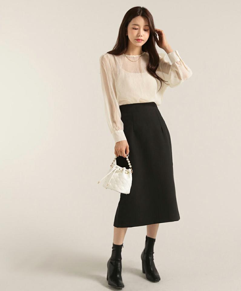 シアーシフォンパフブラウス・t00275 レディース 【bl】トップス ブラウス ラウンドネック 長袖 シアー シフォン リンクル パフ ギャザー カフス シンプル 大人 かわいい 可愛い カジュアル フェミニン 秋 冬 春 韓国ファッション