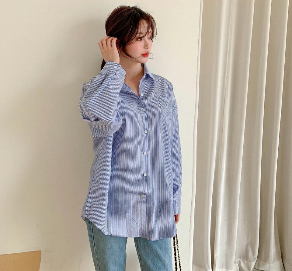 ストライプコットンシャツ・p002705 レディース 【bl】シャツ トップス 長袖 柄 模様 ストライプ ドロップショルダー コットン 綿 ルーズ ドロップショルダー カジュアル ラフ 秋 冬 かわいい 可愛い 韓国ファッション MKT
