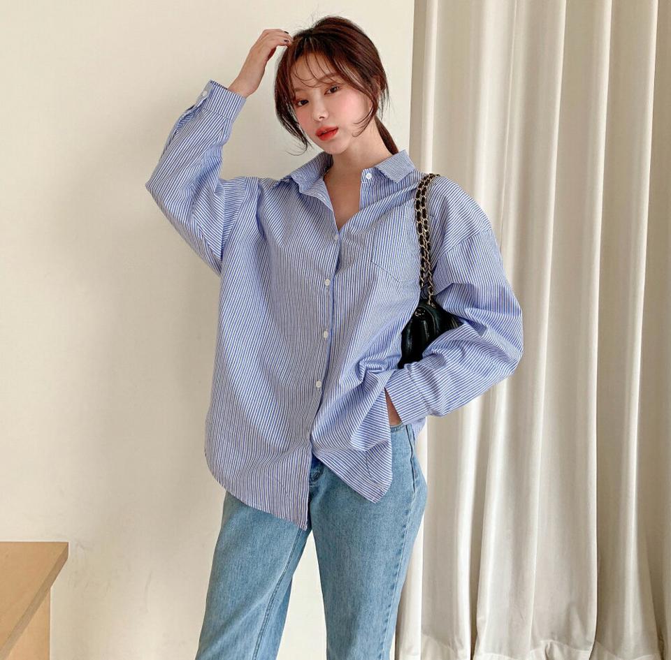 ストライプコットンシャツ・p002705 レディース 【bl】シャツ トップス 長袖 柄 模様 ストライプ ドロップショルダー コットン 綿 ルーズ ドロップショルダー カジュアル ラフ 秋 冬 かわいい 可愛い 韓国ファッション MKT