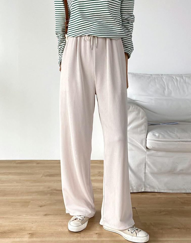 ドロストリブイージーワイドパンツ・t00301 レディース 【pt】ボトムス ロング ロングパンツ リブ ウエストゴム ワイド ハイウエスト フルレングス ストレート ロング丈 無地 単色 シンプル フェミニン カジュアル 秋 冬 春 韓国ファッション