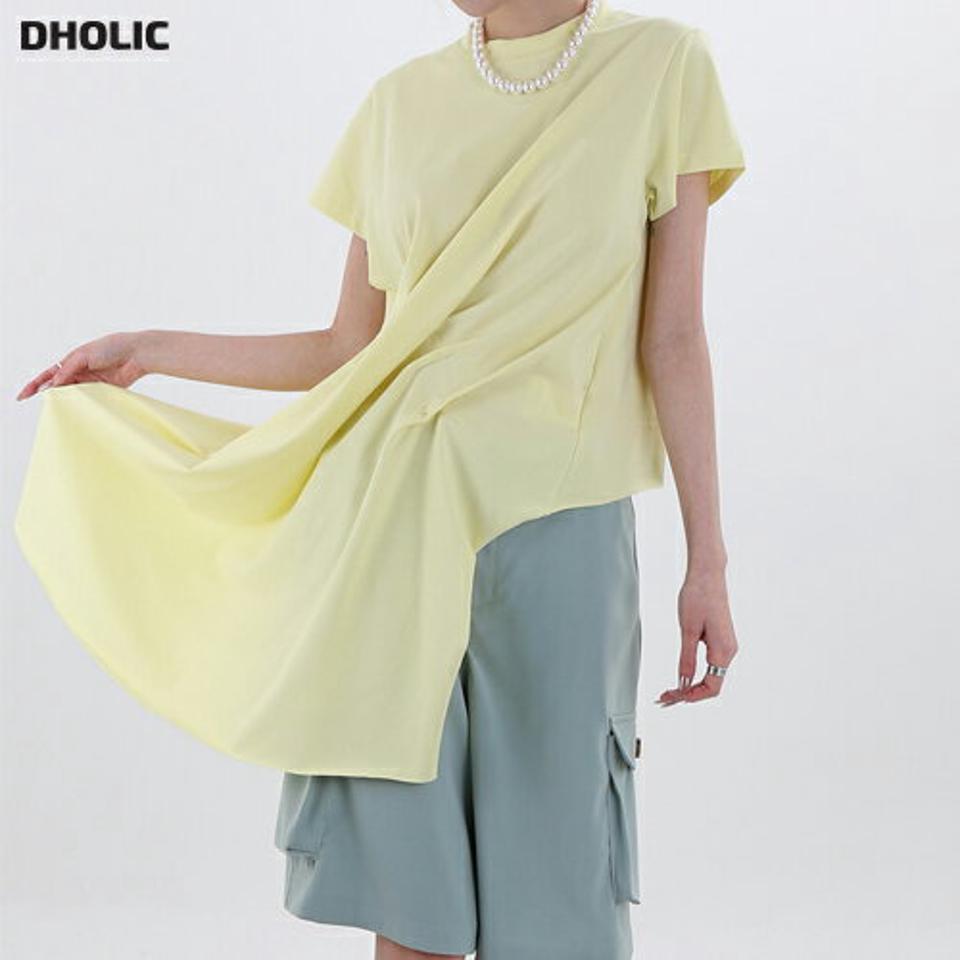 アンバランスドレープ半袖Tシャツ・p003045 レディース 【tops】トップス 半袖 ロング丈 ユニーク 個性的 単色 無地 シンプル ベーシック ドレープ パステル 春 夏 カジュアル ラフ 韓国ファッション MKT