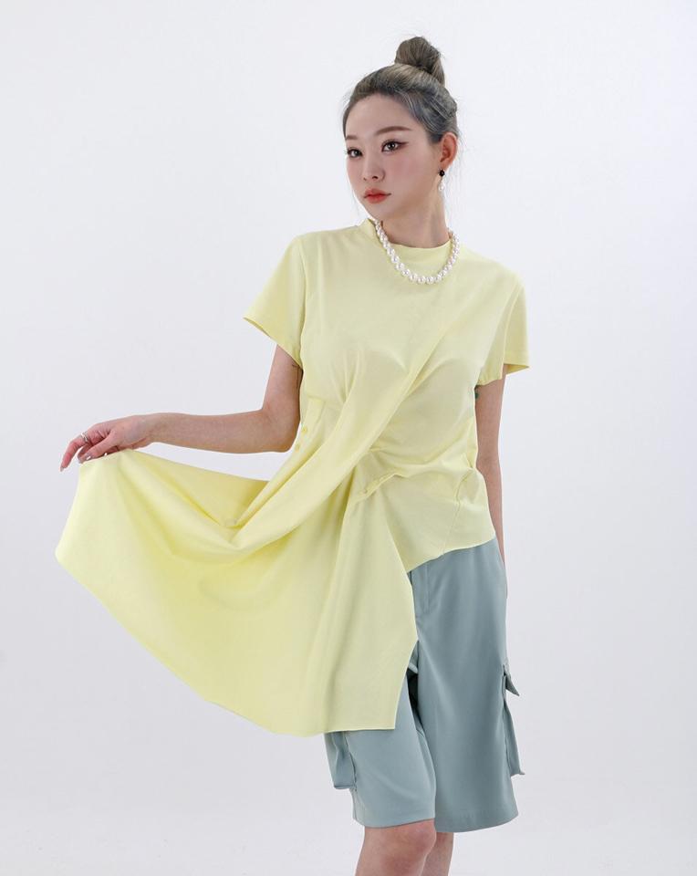 アンバランスドレープ半袖Tシャツ・p003045 レディース 【tops】トップス 半袖 ロング丈 ユニーク 個性的 単色 無地 シンプル ベーシック ドレープ パステル 春 夏 カジュアル ラフ 韓国ファッション MKT
