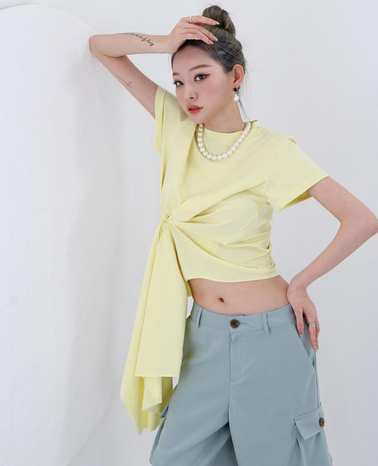 アンバランスドレープ半袖Tシャツ・p003045 レディース 【tops】トップス 半袖 ロング丈 ユニーク 個性的 単色 無地 シンプル ベーシック ドレープ パステル 春 夏 カジュアル ラフ 韓国ファッション MKT