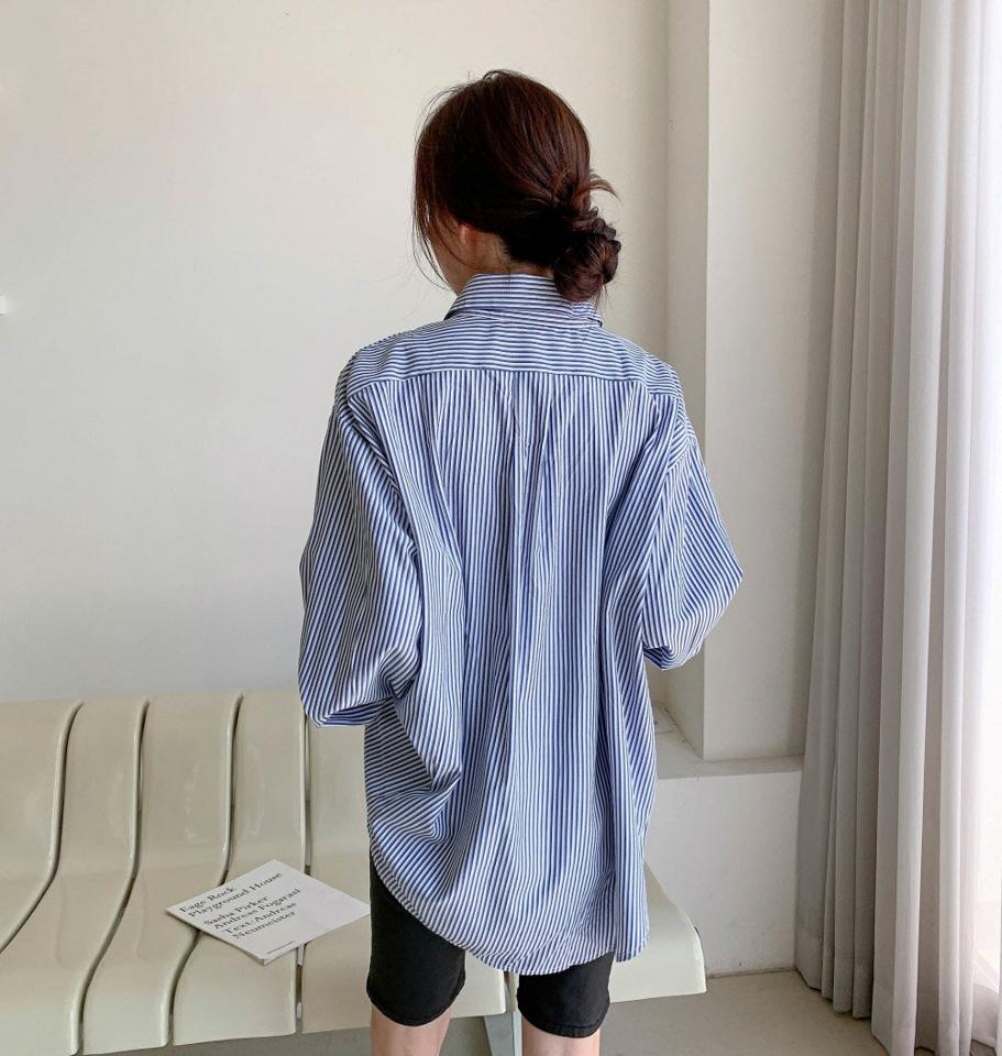 【マラソン特価】ストライプオーバーシャツ・p002708 レディース 【bl】シャツ トップス 長袖 柄 模様 ストライプ オーバー ルーズ 総柄 襟 えり ボタン ぼたん 秋 冬 カジュアル ラフ ゆったり 楽ちん 韓国ファッション MKT セール