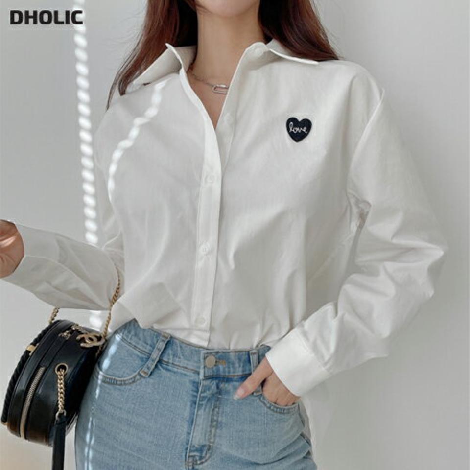 loveハートパッチシャツ・p002766 レディース 【bl】シャツ トップス 長袖 柄 模様 パッチ ハート ロゴ 襟 かわいい 可愛い 秋 冬 モチーフ カジュアル ラフ 大人 韓国ファッション MKT