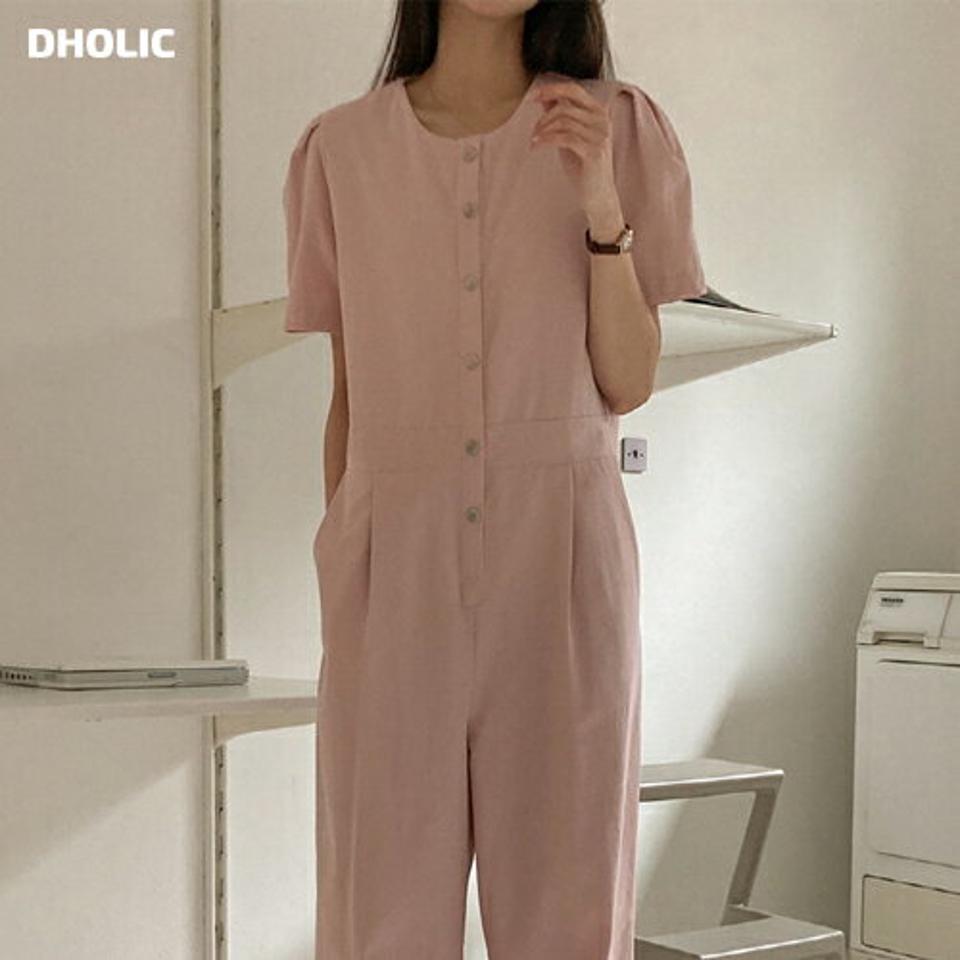 【送料無料】半袖コットンオールインワン・p002884 レディース 【pt】 韓国ファッション オールインワン ジャンプスーツ つなぎ ラウンドネック ボタン パフスリーブ オーバーサイズ ワイドパンツ ロングパンツ ロング丈 無地 カジュアル 春 秋 MKT