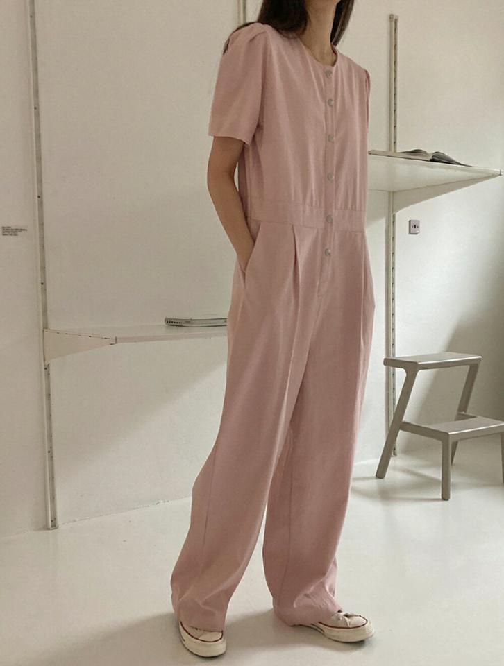 【送料無料】半袖コットンオールインワン・p002884 レディース 【pt】 韓国ファッション オールインワン ジャンプスーツ つなぎ ラウンドネック ボタン パフスリーブ オーバーサイズ ワイドパンツ ロングパンツ ロング丈 無地 カジュアル 春 秋 MKT