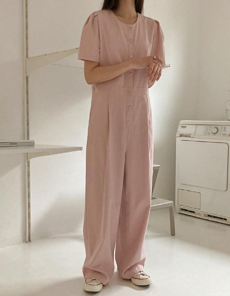【送料無料】半袖コットンオールインワン・p002884 レディース 【pt】 韓国ファッション オールインワン ジャンプスーツ つなぎ ラウンドネック ボタン パフスリーブ オーバーサイズ ワイドパンツ ロングパンツ ロング丈 無地 カジュアル 春 秋 MKT
