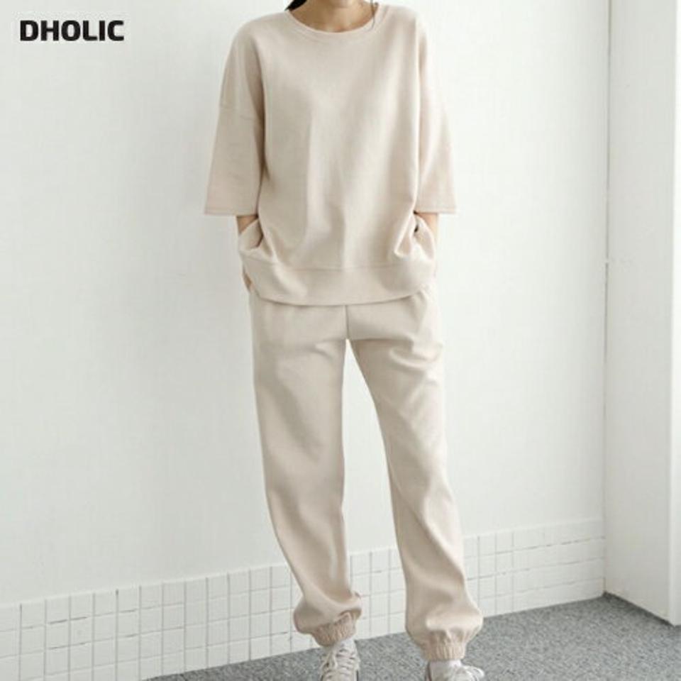 6分袖スウェット&ジョガーパンツSET・p002975 レディース 【pt】 韓国ファッション セットアップ トレーナー Tシャツ 半袖 ラウンドネック スウェットパンツ ロング丈 ロングパンツ ワンマイルウェア ジョギング ランニング カジュアル 春 秋 MKT