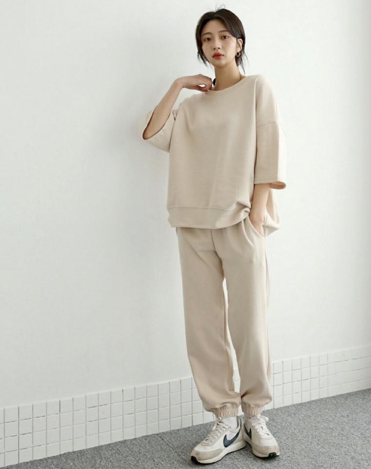 6分袖スウェット&ジョガーパンツSET・p002975 レディース 【pt】 韓国ファッション セットアップ トレーナー Tシャツ 半袖 ラウンドネック スウェットパンツ ロング丈 ロングパンツ ワンマイルウェア ジョギング ランニング カジュアル 春 秋 MKT