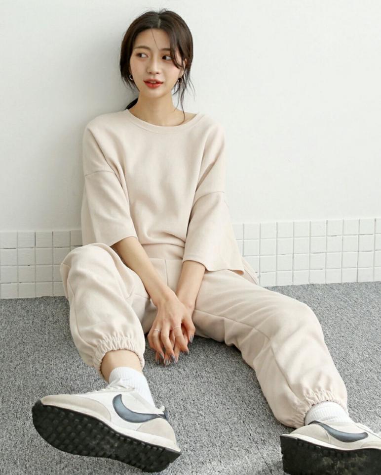 6分袖スウェット&ジョガーパンツSET・p002975 レディース 【pt】 韓国ファッション セットアップ トレーナー Tシャツ 半袖 ラウンドネック スウェットパンツ ロング丈 ロングパンツ ワンマイルウェア ジョギング ランニング カジュアル 春 秋 MKT