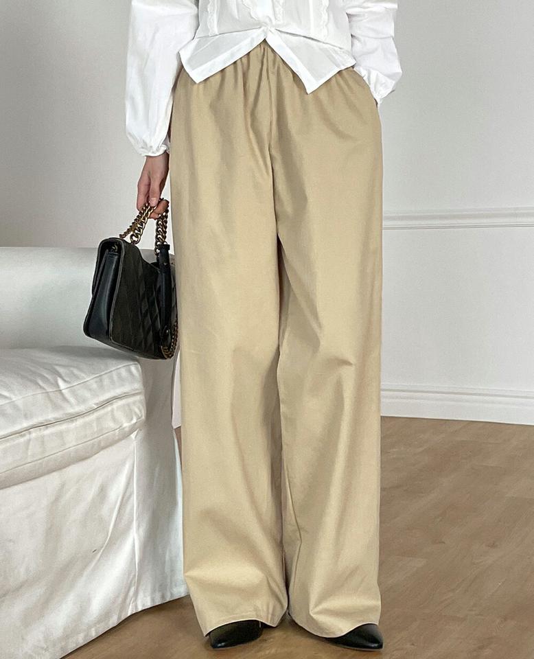 コットンイージーワイドパンツ・t00227 レディース 【pt】ボトムス ロング ロングパンツ ウエストゴム ワイド ハイウエスト コットン 綿 ロング丈 無地 単色 シンプル フェミニン カジュアル 春 秋 韓国ファッション