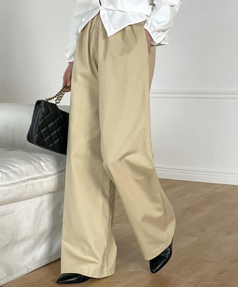 コットンイージーワイドパンツ・t00227 レディース 【pt】ボトムス ロング ロングパンツ ウエストゴム ワイド ハイウエスト コットン 綿 ロング丈 無地 単色 シンプル フェミニン カジュアル 春 秋 韓国ファッション