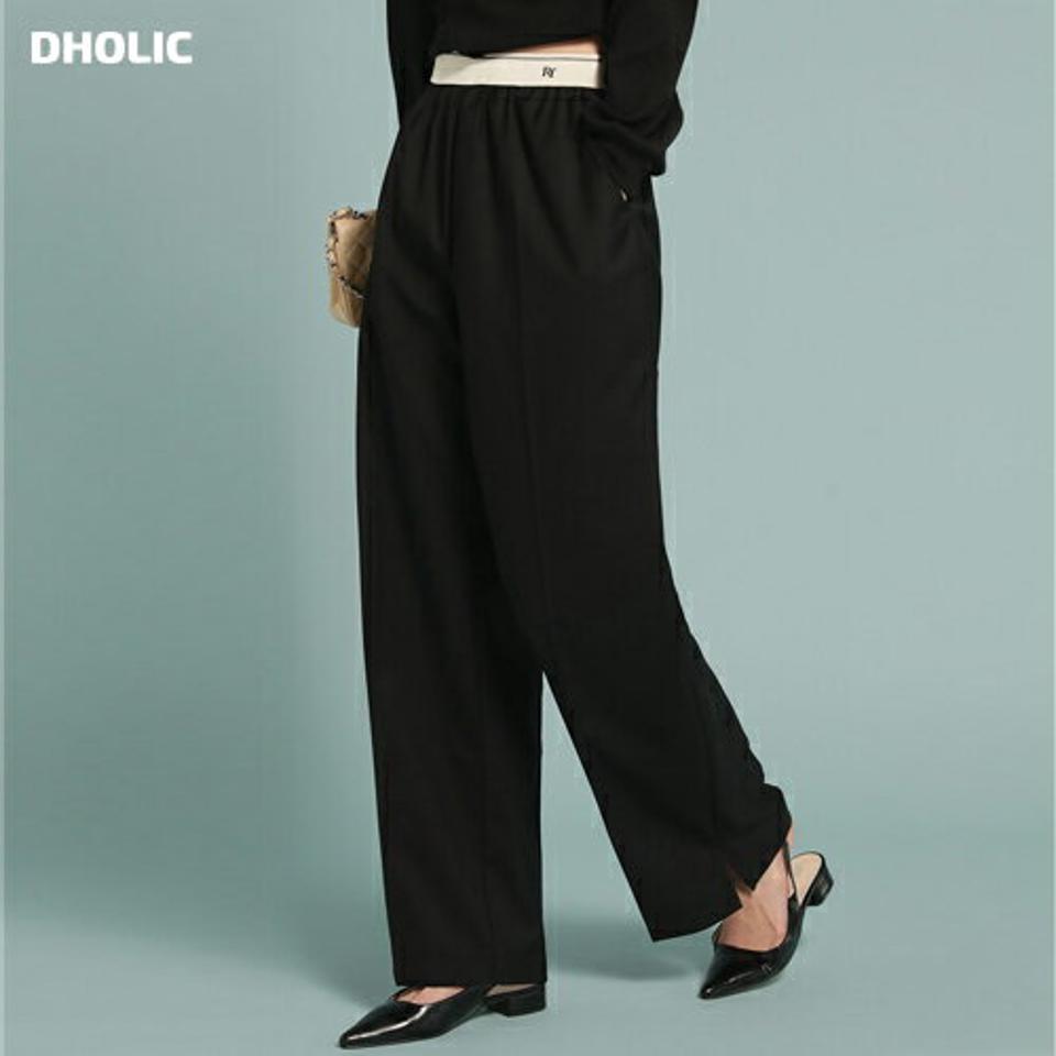 配色ロゴイージーワイドパン・t00225 レディース 【pt】ボトムス ロング ロングパンツ 配色 ウエストゴム センタープレス ワイド ストレート スリット ロング丈 無地 単色 シンプル フェミニン カジュアル 春 秋 韓国ファッション