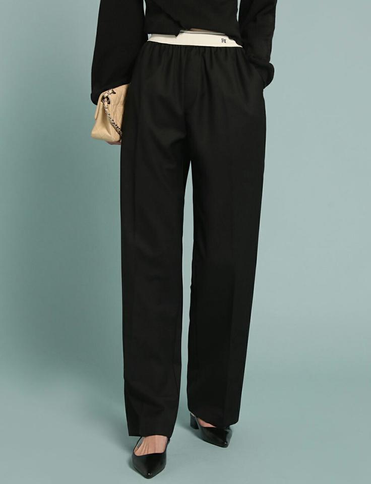 配色ロゴイージーワイドパン・t00225 レディース 【pt】ボトムス ロング ロングパンツ 配色 ウエストゴム センタープレス ワイド ストレート スリット ロング丈 無地 単色 シンプル フェミニン カジュアル 春 秋 韓国ファッション