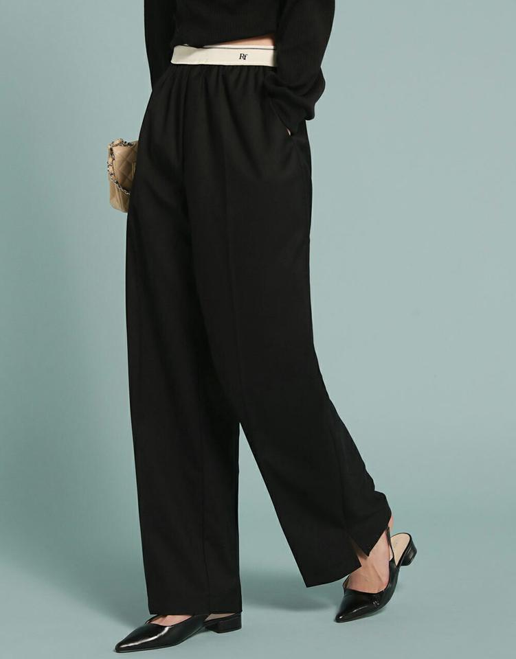 配色ロゴイージーワイドパン・t00225 レディース 【pt】ボトムス ロング ロングパンツ 配色 ウエストゴム センタープレス ワイド ストレート スリット ロング丈 無地 単色 シンプル フェミニン カジュアル 春 秋 韓国ファッション