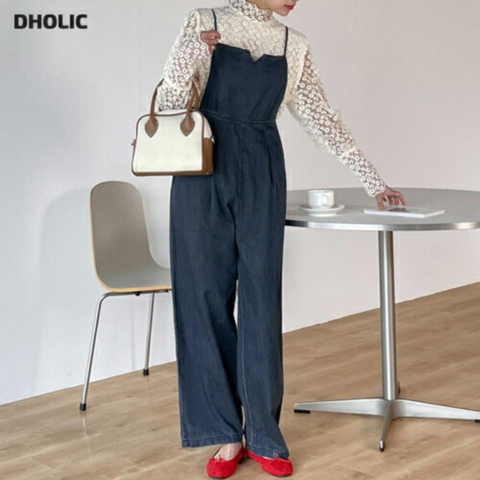 キーネックデニムオールインワン・b00206 レディース 【pt】オールインワン パンツ ロング ロング丈 Vスリット スクエアネック キャミソール ワイド ストレート シンプル カジュアル フェミニン 可愛い かわいい 春 秋 韓国ファッション