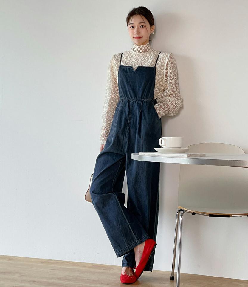 キーネックデニムオールインワン・b00206 レディース 【pt】オールインワン パンツ ロング ロング丈 Vスリット スクエアネック キャミソール ワイド ストレート シンプル カジュアル フェミニン 可愛い かわいい 春 秋 韓国ファッション