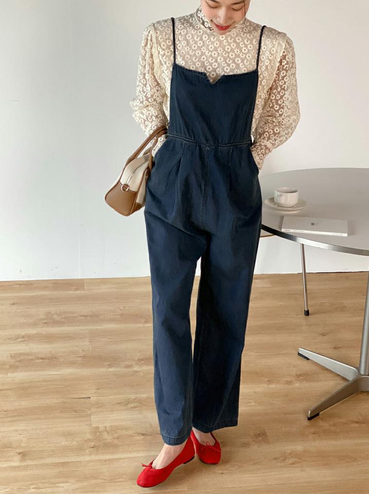 キーネックデニムオールインワン・b00206 レディース 【pt】オールインワン パンツ ロング ロング丈 Vスリット スクエアネック キャミソール ワイド ストレート シンプル カジュアル フェミニン 可愛い かわいい 春 秋 韓国ファッション