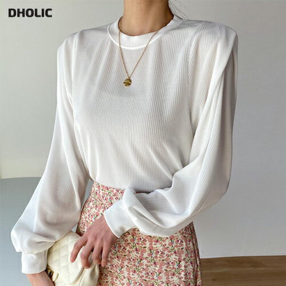 パワーショルダーリブTシャツ・t00451 レディース 【tops】トップス Tシャツ ラウンドネック 長袖 パワーショルダー リブ ギャザー 単色 シンプル フェミニン カジュアル かわいい 可愛い シック 春 秋 韓国ファッション