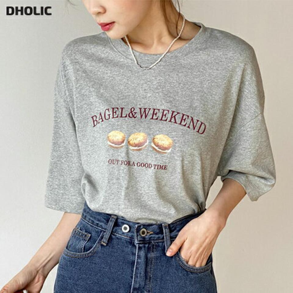 BAGELプリントコットンTシャツ・b00739 レディース 【tops】トップス Tシャツ ラウンドネック 5分袖 ドロップショルダー プリント 配色 レタリング ロゴ シンプル フェミニン カジュアル かわいい 可愛い 春 秋 韓国ファッション
