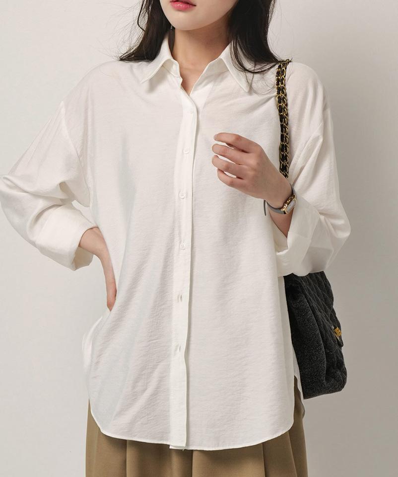 ラウンドヘムシャツ・b00750 レディース 【bl】トップス シャツ カラーネック 長袖 スリット ラウンドヘム シースルー 袖口タック シルキー 無地 単色 ベーシック シンプル かわいい 可愛い カジュアル フェミニン 春 秋 韓国ファッション