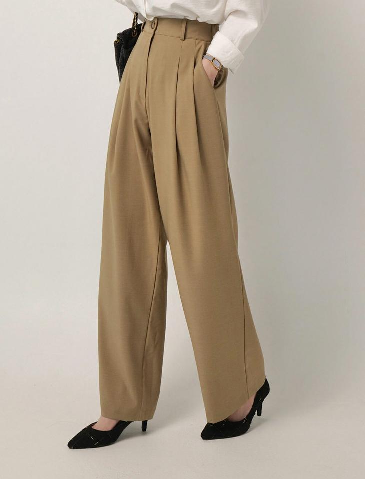 バックゴムタックスラックス・t00766 レディース 【pt】ボトムス ロング ロングパンツ スラックス ハイウエスト ワイド ストレート フルレングス ツータック ロング丈 無地 単色 シンプル フェミニン カジュアル 春 秋 韓国ファッション