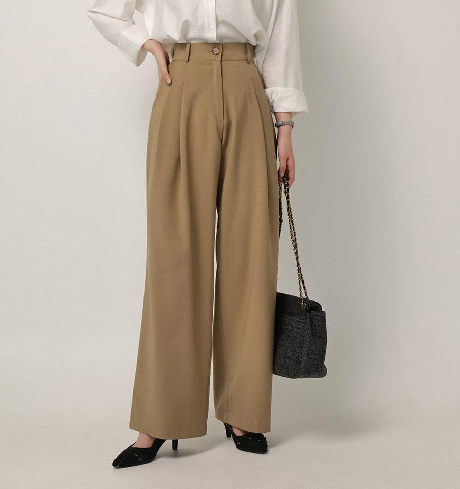 バックゴムタックスラックス・t00766 レディース 【pt】ボトムス ロング ロングパンツ スラックス ハイウエスト ワイド ストレート フルレングス ツータック ロング丈 無地 単色 シンプル フェミニン カジュアル 春 秋 韓国ファッション