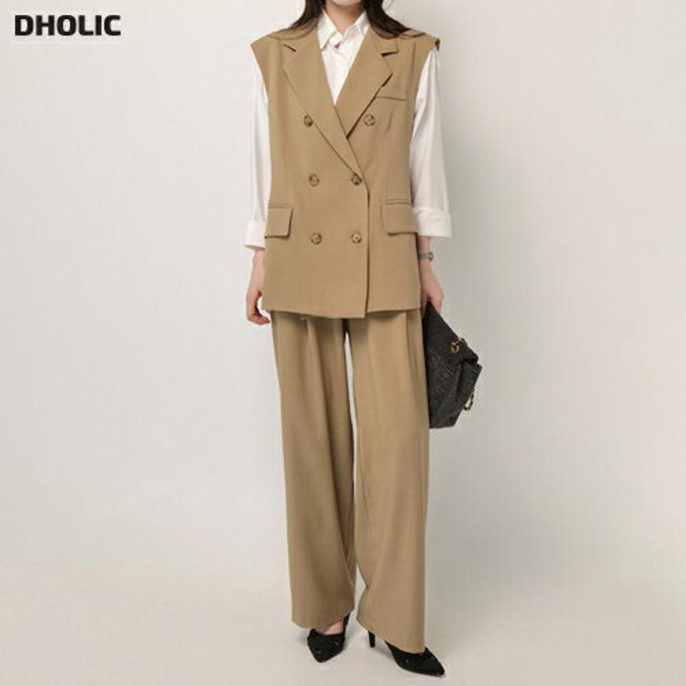 【送料無料】テーラードベスト&バックゴムタックスラックスSET・b00477 レディース 【jk】setup セットアップ ベスト パンツ 長袖 テーラードカラー ダブルブレスト ミドル丈 ワイド ストレート ハイウエスト フェミニン カジュアル 春 秋 韓国ファッション