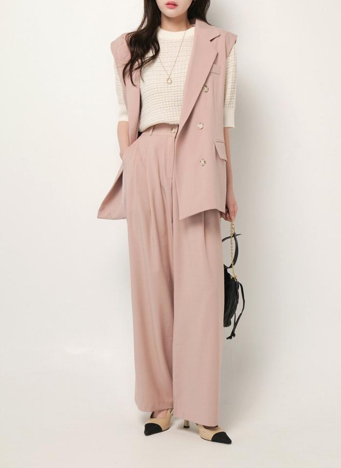 【送料無料】テーラードベスト&バックゴムタックスラックスSET・b00477 レディース 【jk】setup セットアップ ベスト パンツ 長袖 テーラードカラー ダブルブレスト ミドル丈 ワイド ストレート ハイウエスト フェミニン カジュアル 春 秋 韓国ファッション